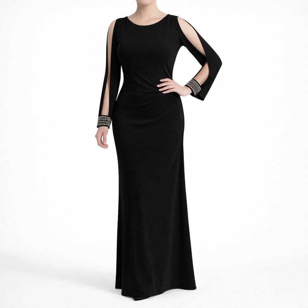 Vintage Cache Siz 2 Long Sleeve Maxi Evening Gown Black Jeweled Cocktail Evening